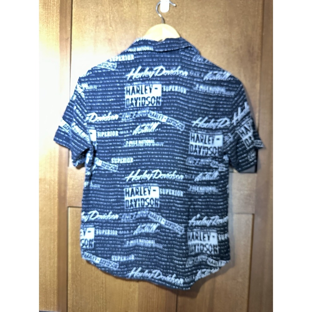Harley Davidson Womens Medium Button Front Rayon Shirt Logo Print Black M Y2K - Picture 4 of 4